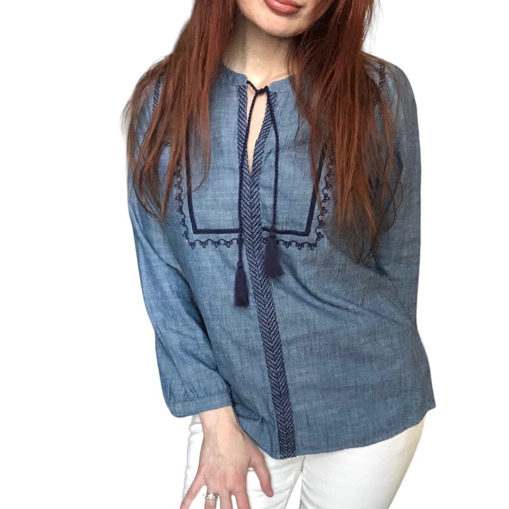JCrew Mercantile Blue Embroidered Tassel Tie Blouse Boho Casual Top Women‎ Sz S